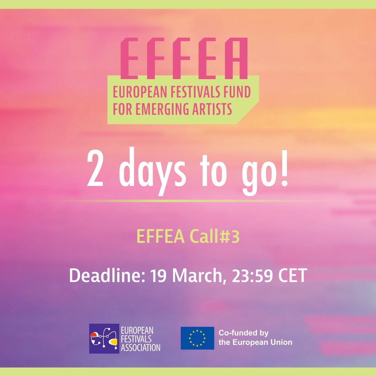 The clock is ticking ⏰ Tomorrow is the last day to submit your applications for the European Festivals Fund for Emerging Artists - EFFEA open call. ⚡️Deadline at 23:59 CET. Submit your application here: effea.eu/application-fo… Good luck to all applicants!