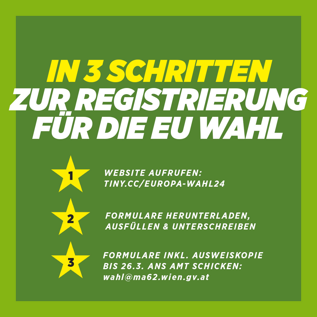 Reminder an alle EU-Bürger:innen in #Wien ohne österreichische Staatsbürgerschaft: Noch bis 26.3. kannst du dich in das Wähler:innenverzeichnis für die #EUWahl eintragen! 🇪🇺⬇️ Alle Infos
wien.gruene.at/eu-wahl-24/vot…