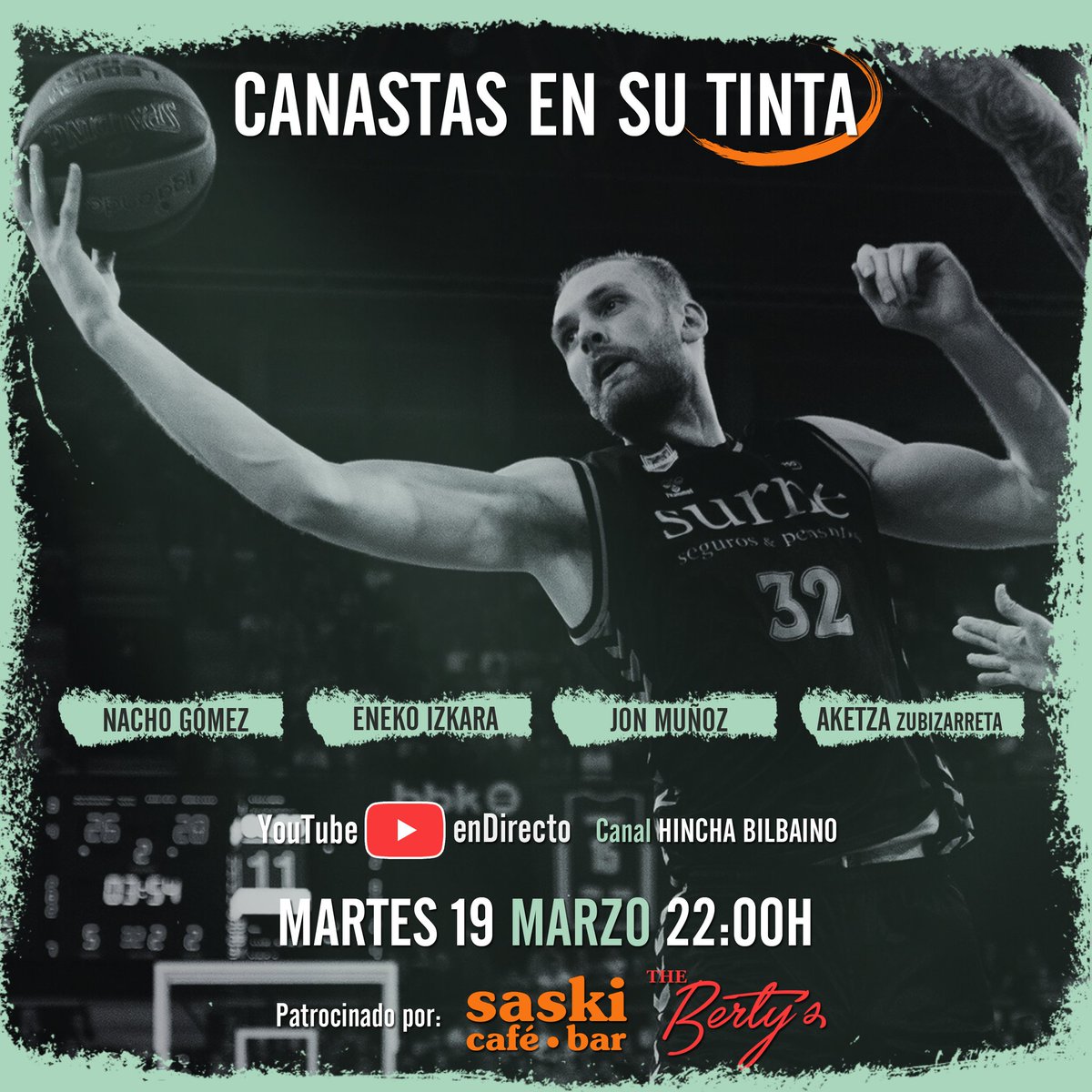 📅 Martes 19M / 22:00 h.
🏀 Tertulia #CanastasEnSuTinta
💻 YouTube en directo
📍Canal Hincha Bilbaino
📊 Análisis de la "Semana Fantástica" del <a href="/bilbaobasket/">Surne Bilbao 😎</a>
👥 Invitados: <a href="/Igna94/">Ignacio Gómez</a>, #EnekoIzkara, <a href="/jonmu231/">Jon Muñoz</a> y <a href="/AkeZubi/">Aketza</a>
👉🏻 ¡Os esperamos!
Patrocinan <a href="/BertysBurger/">TheBertysBurger</a> y <a href="/BarSaskiMiribil/">BAR SASKI</a>