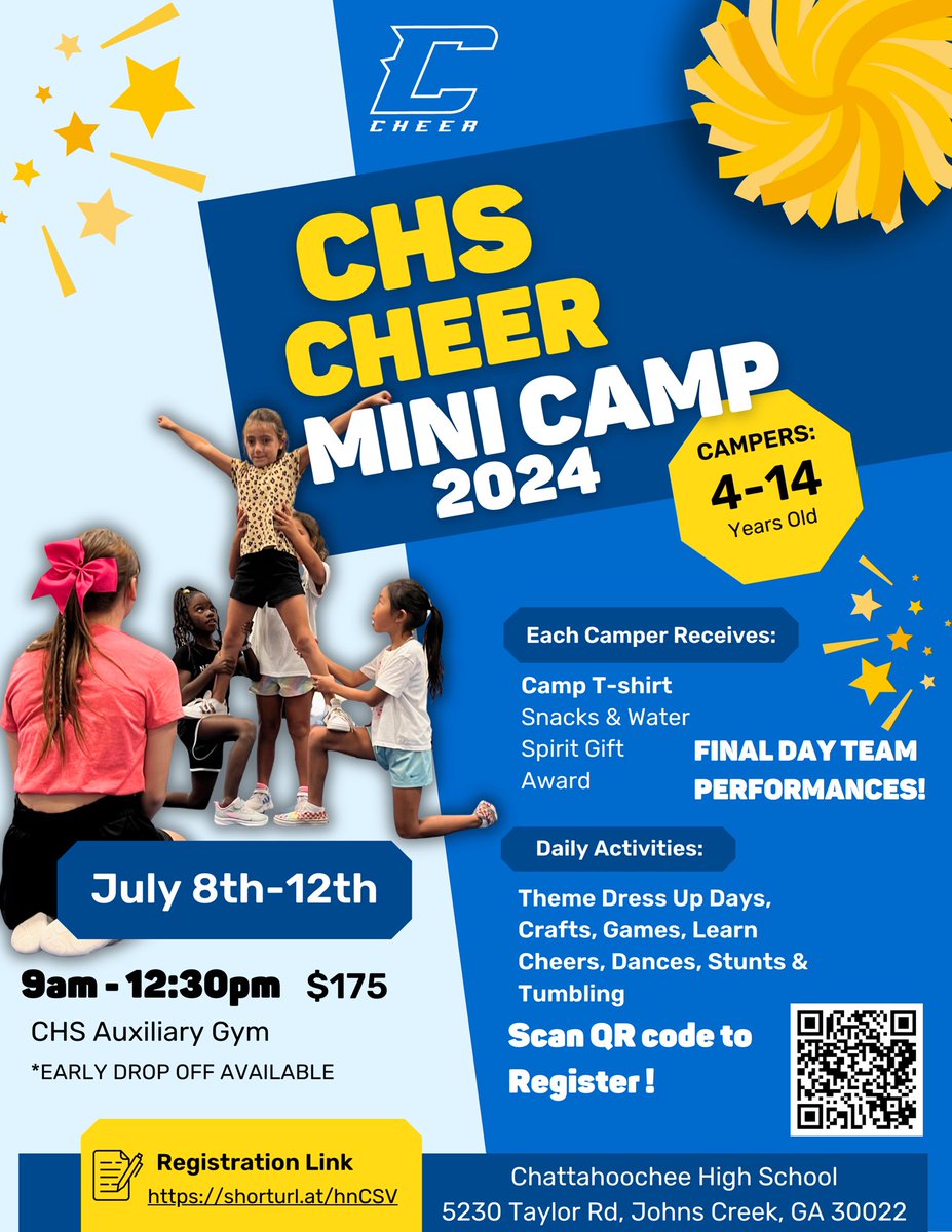 ✨It’s Open!!!!✨

Registration for CHS Mini Camp 2024 is Open and we can’t wait to see you all in July! #minicamp #cheerleading #hoochcheer #Camp2024 #johnscreekga #alpharettaga