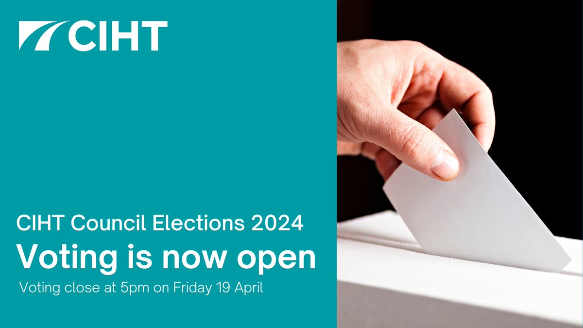Voting for our 2024 council elections is now open !!! Find out about this year's candidates: ciht.org.uk/news/ciht-coun… Have your say before voting closes at 5pm on Friday 19 April.