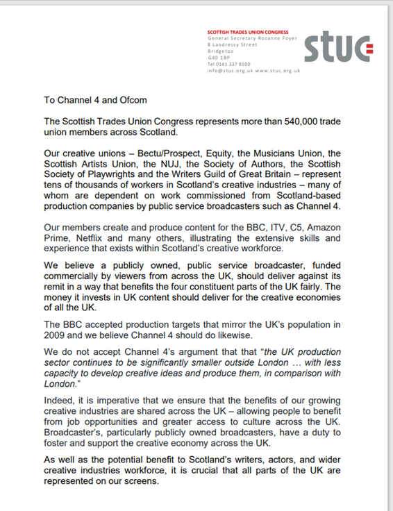 ScottishTUC's tweet photo. Workers cannot be disadvantaged by @Ofcom and @Channel4 plans to reduce productions in Scotland.

Artists are the lifeblood of our creative industries. As a public service broadcaster, Channel 4 has duty to support them in all four nations of the UK.

Read more below👇 https://t.co/Yk9rneNGT2