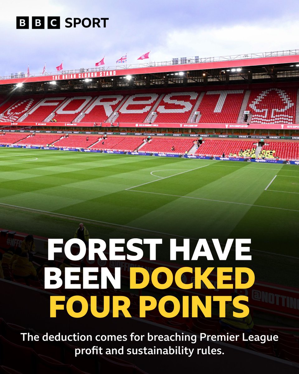 BBCSport's tweet photo. The immediate loss of points mean Nottingham Forest drop below Luton Town into the Premier League's relegation zone.

Full story: https://t.co/UE4sQz59sg 

#BBCFootball https://t.co/OKwYsDGYjT