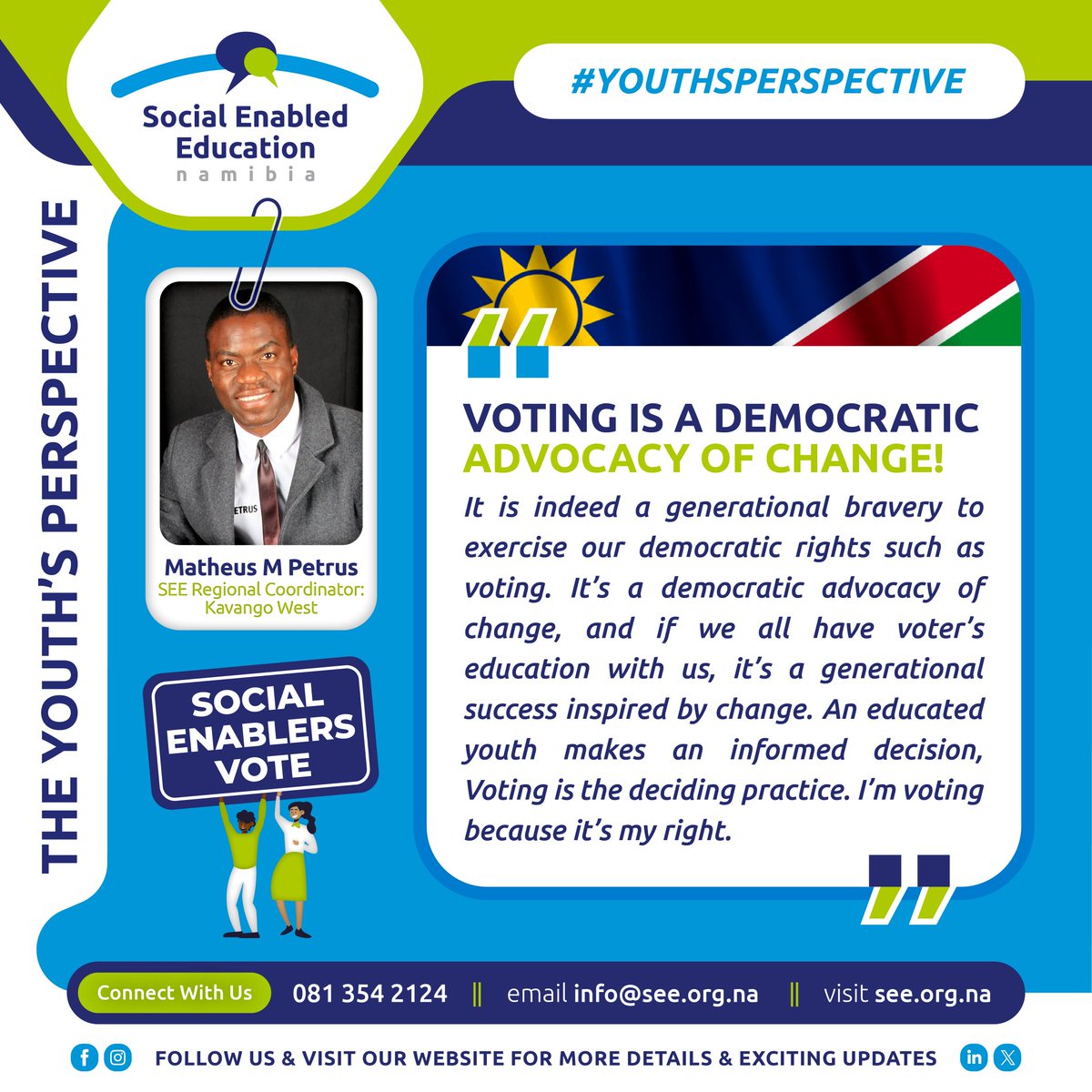 see_namibia's tweet photo. Voting is our voice, and education empowers us to make meaningful choices. 
Let's shape the future together through informed democracy.

#lmVoting #NamibiaElections #YEP #SocialEnablersVote #VotingMatters #CivicEducation  #SEENamibia https://t.co/9dfuuMBLGR