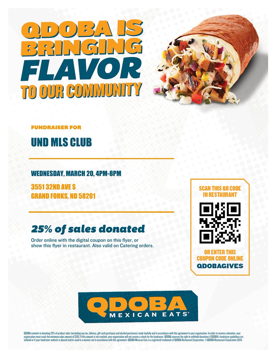 UNDMLS's tweet image. The UND MLS Club has your supper planned for Wednesday! 🌮🌯🥗
Come and eat supper at Qdoba in Grand Forks, ND on March 20th to support the UND MLS Club. Fundraising goes towards club activities, including their annual trip to Mayo Laboratories! #buritto #UNDproud #Lab4Life