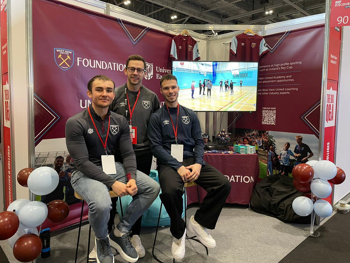 Our Higher Education team are at the @ucas_online discovery event at @ExCeLLondon today and tomorrow 📍 Come meet us at stand 90 to chat about all the opportunities you could unlock with a degree in sport at West Ham United ⚒️🎓 #UCASDiscovery | #BeTheChange