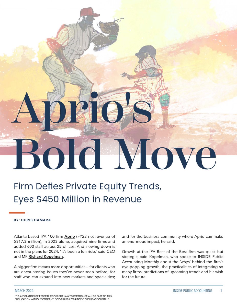 AprioAdvisors's tweet image. @ipainsider, a leader in practice management resources for the public accounting profession, covered Aprio’s transformative #growth over the past year in their latest publication. #OneAprio