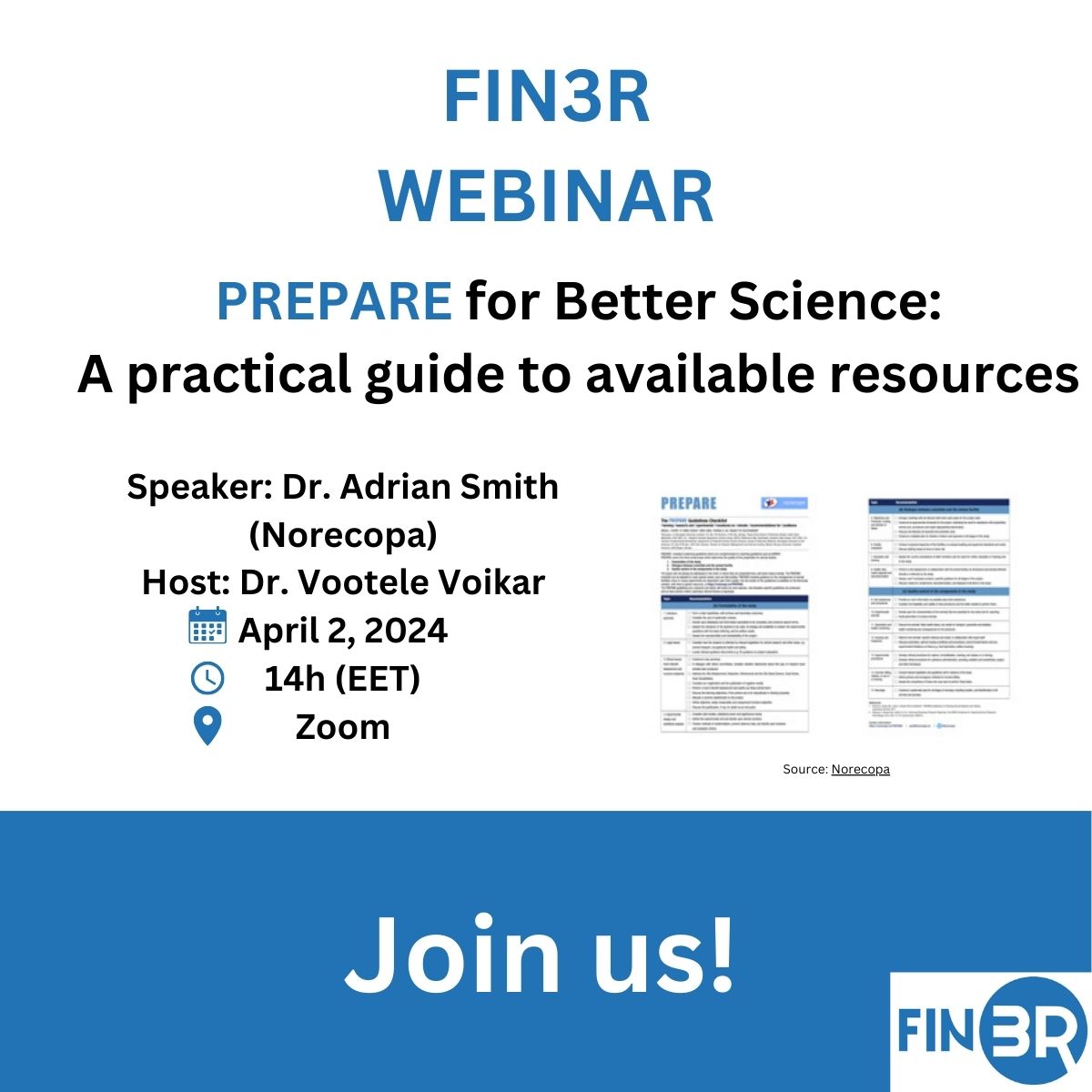 Join us in the next #FIN3R #webinar on April 2nd! Dr. Adrian Smith from @norecopa will present the #PREPAREguidelines and how they can contribute to the overall #research quality. 📅 2.4.2024, 14h (EET) 🔗 fin3r.fi/en/news #refinement #replacement #reduction #3Rs