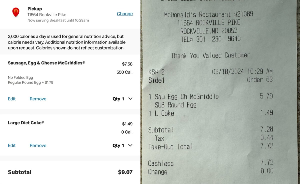 Wow, <a href="/McDonalds/">McDonald's</a>! It’s nearly $2 more to order on the app instead of in-store. Same items, same store. #FastFoodRipOff #JunkFoodPriceGouging #GreedyFastFoodChains #UnfairFastFoodPrices
#OverchargingForJunk #BurgersNotWorthIt
#PriceyFastFood #FastFoodExploitation