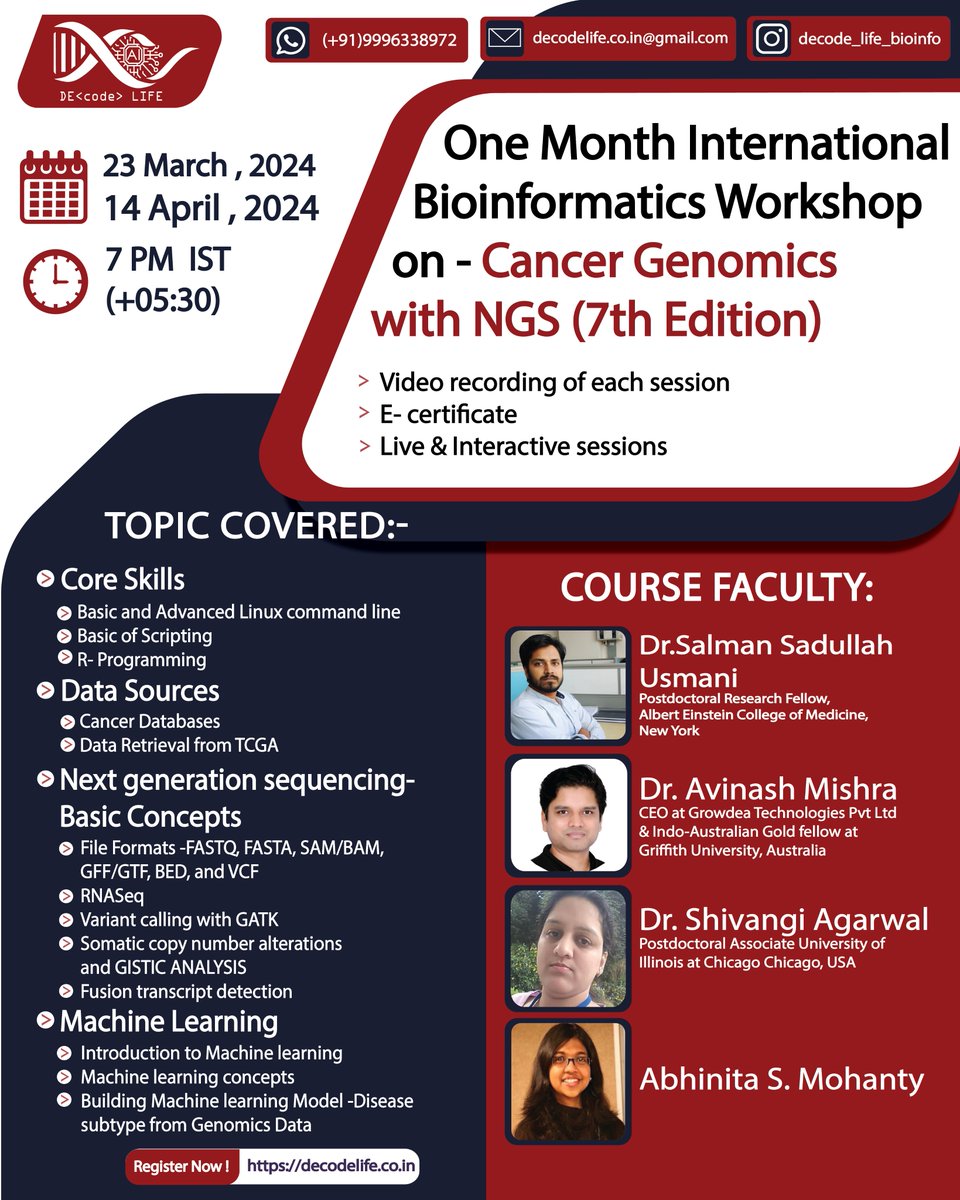 📢🎯One Month International #Bioinformatics #Workshop on - #Cancer #genomics with #NGS - 7th Edition by Decode Life decodelife.co.in @LifeDecode