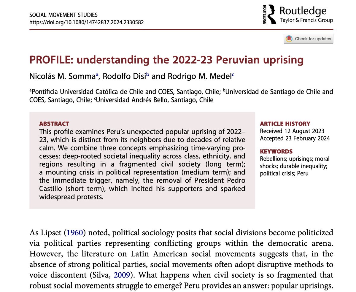 Rodrigo Medel Sierralta (@rodrigo_medel_s) on Twitter photo Comparto artículo breve recién publicado en <a href="/SocMovStudies/">Social Movement Studies Journal (SPECIAL ISSUE 📌)</a> sobre el estallido peruano. Buscamos entender las recientes protestas populares en Perú a partir de un análisis de las raíces históricas y las dinámicas actuales. Con Nico Somma y <a href="/rdisip/">Rodolfo Disi Pavlic</a>. 1/7 🇵🇪
tandfonline.com/doi/full/10.10… Comparto artículo breve recién publicado en <a href="/SocMovStudies/">Social Movement Studies Journal (SPECIAL ISSUE 📌)</a> sobre el estallido peruano. Buscamos entender las recientes protestas populares en Perú a partir de un análisis de las raíces históricas y las dinámicas actuales. Con Nico Somma y <a href="/rdisip/">Rodolfo Disi Pavlic</a>. 1/7 🇵🇪
tandfonline.com/doi/full/10.10…