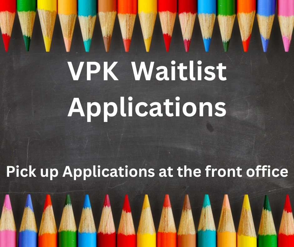 Exciting News!  💙💛McKitrick will have a VPK class for the 24-25 school year.  You must pick up your Waitlist application in person in the front office.  If you have any questions please feel free to call the main office at 813-558-5427! We can't wait to have this new class. 🐾
