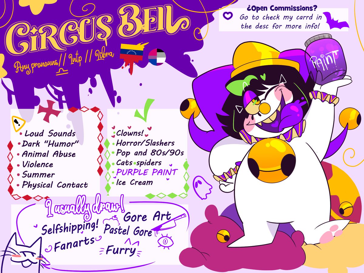 Circus_Bell's tweet image. Whuehehe A new pinned post and a small thread about my boundaries βπ»β¨
Hewwo! My name is Bell, I'm a digital artist who loves to draw clowns, pastel gore and a lot of silly stuff πΆ
More info π : linktr.ee/circusbell