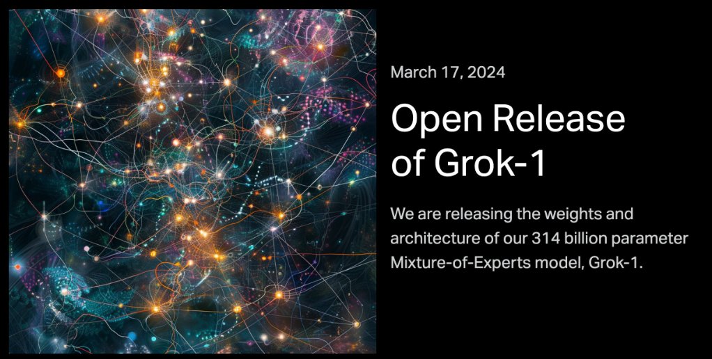 allgorithm's tweet photo. 🚀🤖 #ElonMusk  Musk's xAI unveils Grok-1: a massive 314B parameter language model, open-sourced under Apache 2.0. 
With a Mixture-of-Experts architecture and raw pre-trained checkpoint, it's a significant step in transparent AI development. 
#AI  #opensource #XAI https://t.co/Wy6U8QOjIL