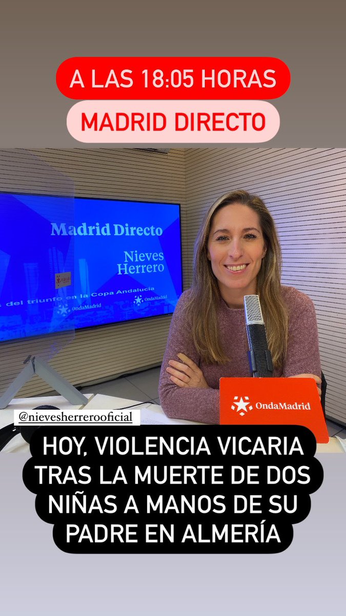 🚨Hoy a las 18:05h estaré en <a href="/MadridDirectoOM/">Madrid Directo OM</a> de <a href="/ondamadrid/">Onda Madrid</a> con mi querida <a href="/nievesherrero_/">Nieves Herrero</a>. Hablaremos de la violencia vicaria tras el asesinato de dos niñas a mano de su padre en Almería. Nos ayudará <a href="/josemariabenito/">👨🏻‍✈️José M. Benito (Operativo)🇪🇸</a>. 
¡Os esperamos! 😊 #actualidad #noticias #sucesos