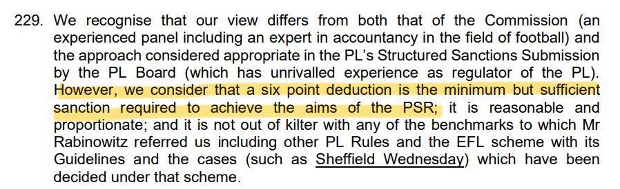 GiuliaBould's tweet photo. Just leaving this here, "a six point deduction is the minimum... required to achieve the aims of the PSR"

No ill-feeling towards Forest at all but this is now an absolute mess with #EFC being treated differently to everyone else. https://t.co/Osf5xDZiVg