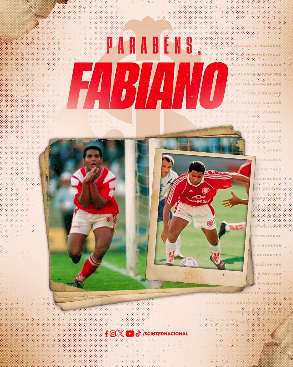 SCInternacional's tweet photo. 𝐔𝐇, 𝐅𝐀𝐁𝐈𝐀𝐍𝐎! 🔥

Ponta clássico, pesadelo dos rivais e homem Gre-Nal: hoje, Fabiano completa 49 anos! 
Vida longa a um de nossos inesquecíveis camisa 7! 👏🏻 https://t.co/ZX9Le8xqjo