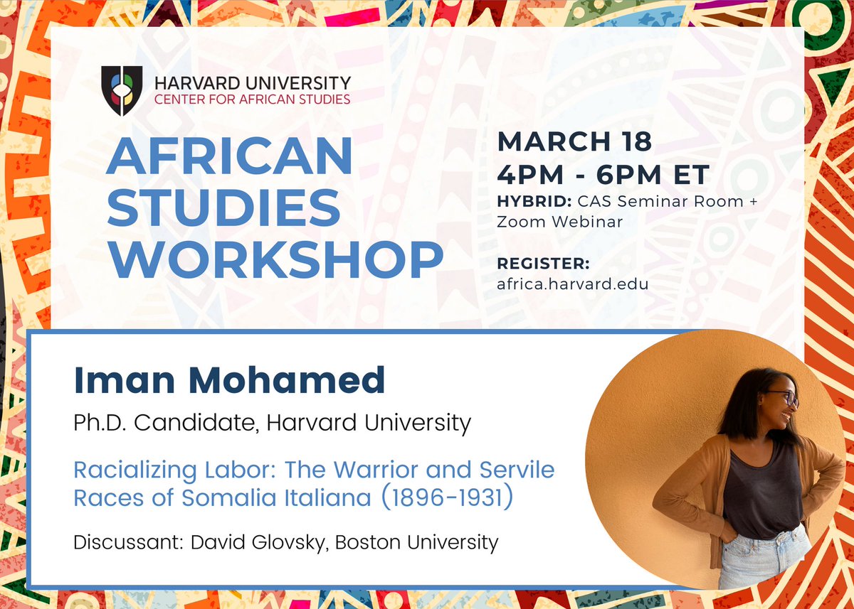 Join us today, Monday, March 18th, from 4-6pm ET, for the African Studies Workshop. The workshop will take place in-person in the CAS Seminar Room and online via Zoom. Register: africa.harvard.edu/african-studie…