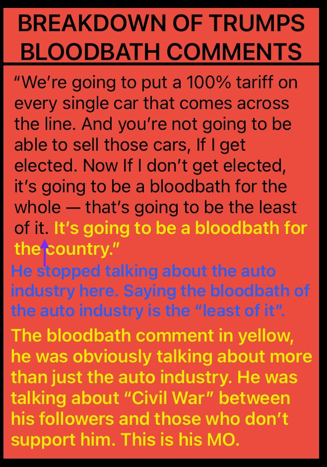 I broke down the “bloodbath” comments. The #TrumpFollowers that don’t see his true intent, choose not to. It’s pretty obvious what he meant.

#TrumpWillEndDemocracy
#TrumpWantsPeopleToBowToHim
#TrumpWantsToBeADictator
#TrumpIsDangerous
#StopProject2025
#Project2025WillEndDemcracy