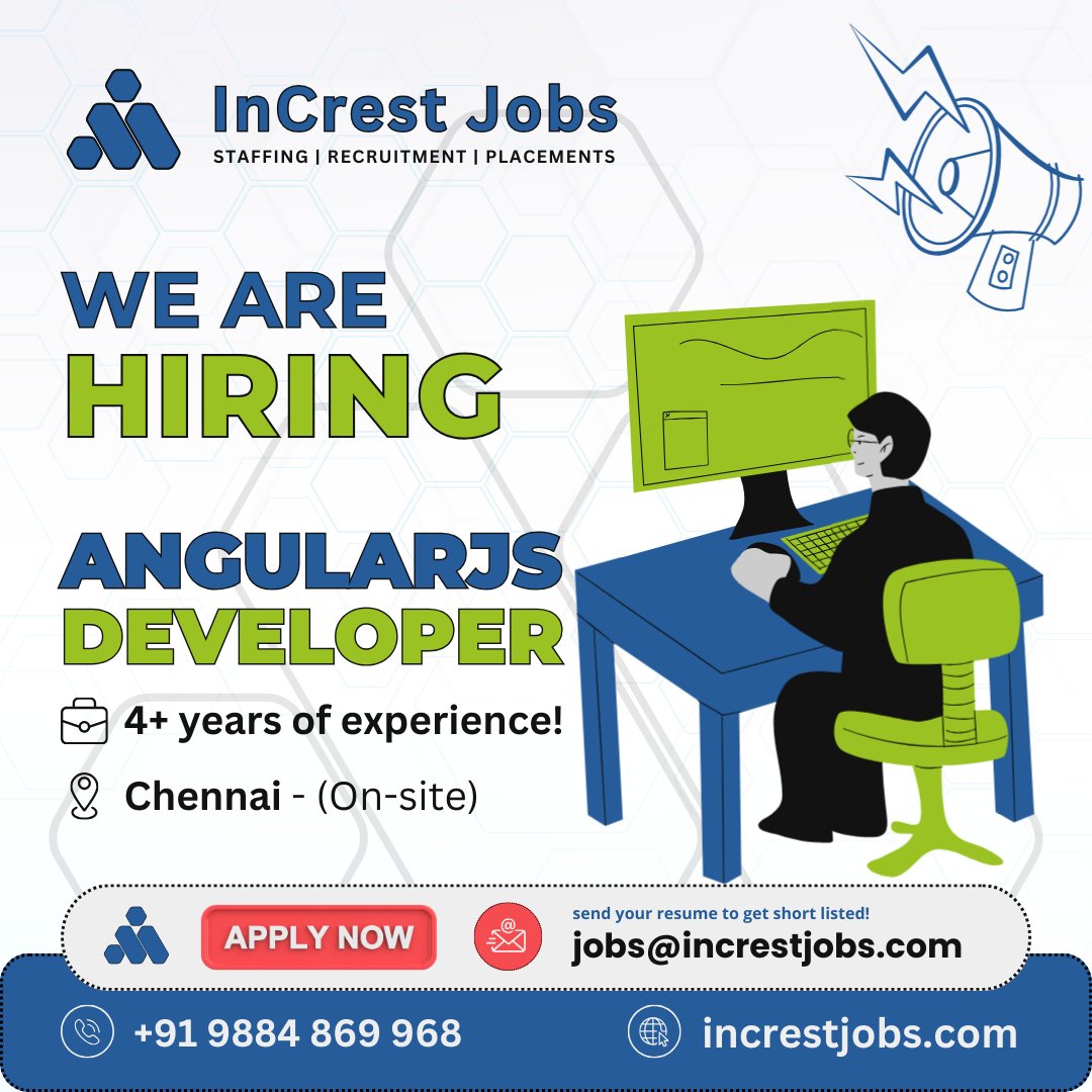 We are hiring an Angular Developer to craft seamless user experiences and drive innovation in our projects. 

send your resume to jobs@increstjobs.com

#InCresting #InCrestJobs #AngularDeveloper #TechTalent #DeveloperJobs #HiringNow #ApplyToday