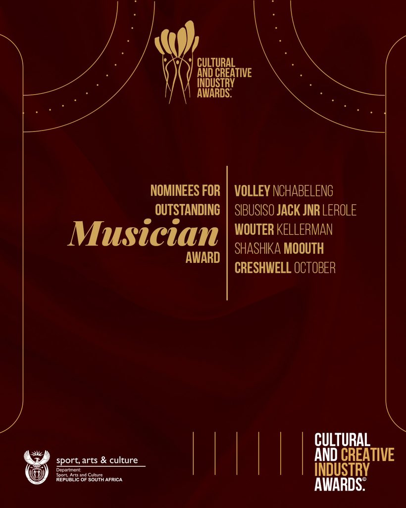 cciawards's tweet photo. Congratulations to the Creative &amp; Cultural Industry Awards nominees for outstanding Musician Award.

Volley Nchabeleng 
Sibusiso Jack Jnr Lerole 
Wouter Kellerman 
Shashika Moouth
Creshwell October

#CCIA 
#CCIAwards
#WeAreArt
#WeAreCulture 
#WeAreCreative https://t.co/vbVVq2p8ur