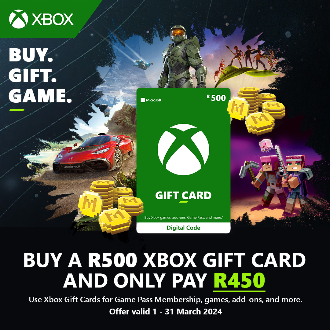 Get your R 500 Xbox Gift Card now for only R 450 Purchase the following with your Gift Card > Game Pass > In-game currency > Pre-order & Pre-load upcoming releases > DLC's and Expansion Packs Promotion valid: 1 - 31 March T's & C's Apply #BuyGiftGame #XboxGiftCard