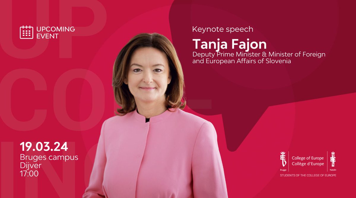 Tomorrow, we are happy to welcome Tanja Fajon, Deputy Prime Minister and Minister of Foreign and European Affairs of Slovenia, to our campus in Bruges. Her speech will be followed by a Q&A session with our students.