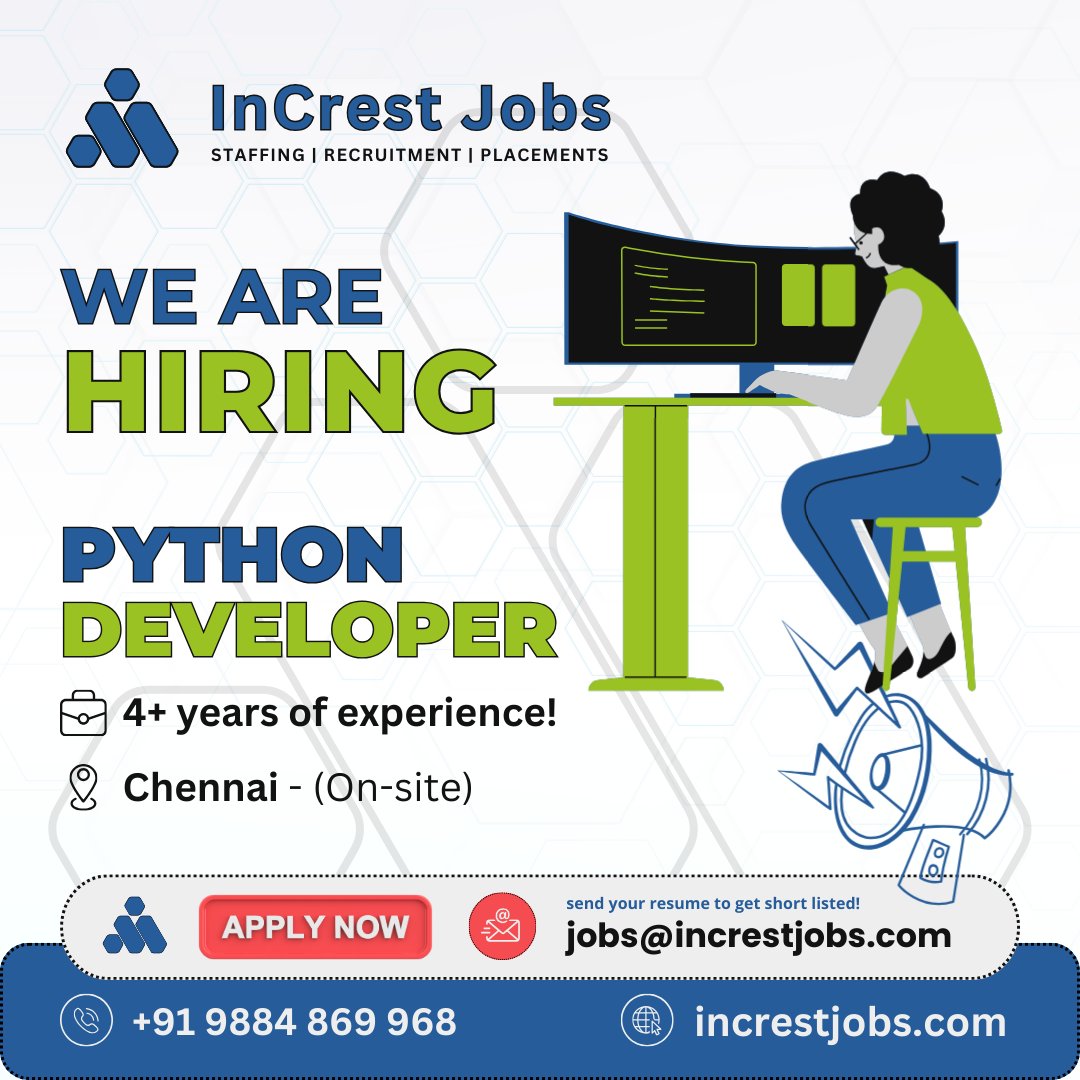 We are hiring a Python Developer to unleash coding prowess and drive innovation in our projects. send your resume to jobs@increstjobs.com #InCresting #InCrestJobs #PythonDeveloper #TechTalent #DeveloperJobs #HiringNow #ApplyToda