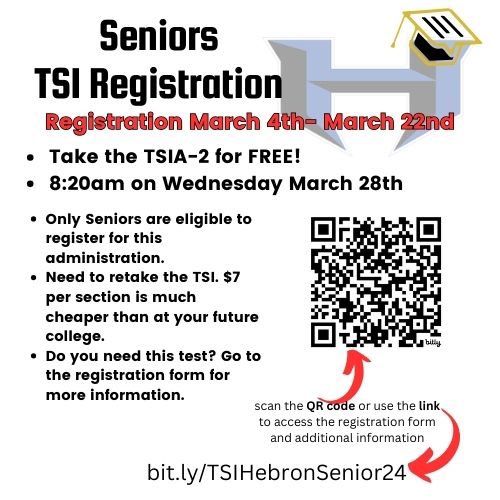 Seniors, if you are interested in taking the TSIA-2 test, registration is now open. Registration closes this Friday, and the test will be next Wednesday, March 28th.