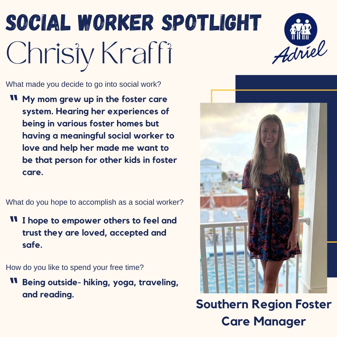 In honor of National Social Work Month, we're highlighting the wonderful social workers here at Adriel.

Today's spotlight is Christy Krafft!

Click the link in our bio to learn more about our team!

#AdrielCares #BeTheOne #socialwork #SocialWorkersMonth