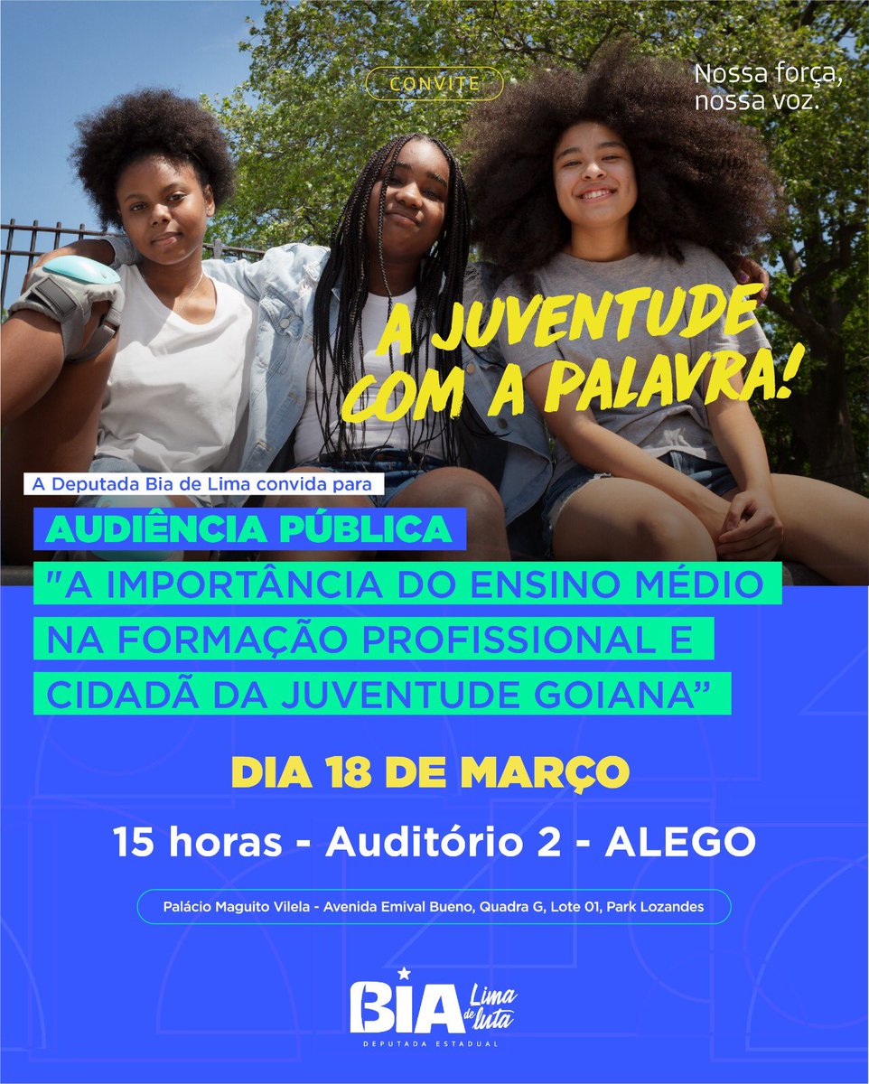 biadelima_'s tweet photo. É HOJE!

Participar da nossa audiência pública sobre o Ensino Médio e seu impacto na formação dos nossos jovens. 

📆 Dia: 18 de março
🕒 Horário: 15 horas
📍 Local: Auditório 2 - ALEGO

#ensinomédio #formaçãocidadã #juventudegoiana #pt #biadelima #educacao https://t.co/tNHlc3HLm1