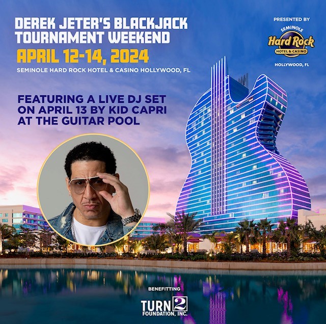 Excited for @kidcapri101's live DJ set on 4/13 as part of @derekjeter's Blackjack Tournament Weekend presented by @HardRockHolly! Kicking off on 4/12, the event will feature a blackjack tournament, viewing party, performances by @fatjoe & @jarule, & more to benefit #Turn2.