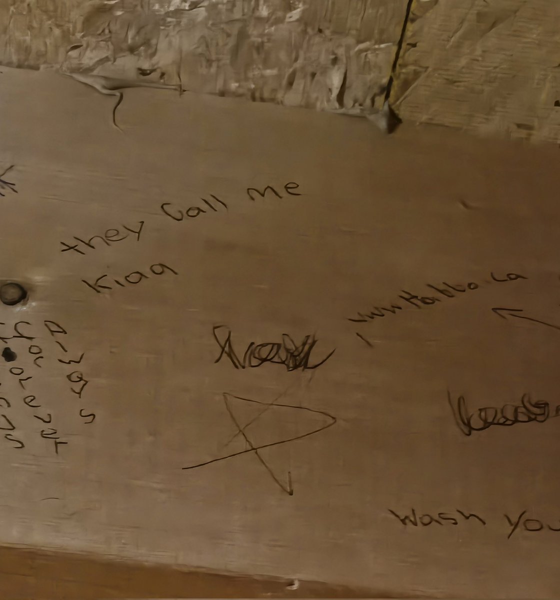 One of the houses my family used to rent almost 20 years ago was for sale and having an open house.. I remember writing a bunch of random shit in the basement on the rafters, and I decided I needed to check if it was still there cause I didn't remember what.. I have no words  🤣