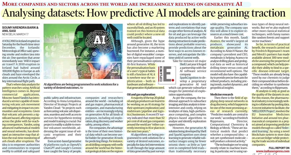 imRavikantYadav's tweet photo. 'Analysing datasets: How Predictive AI models are gaining traction'
:Explained by Sh Soumyarendra Barik & Sh Anil Sasi
@imsoumyarendra @sasi_anil
#artificalintelligence
#PredictiveAI
#GenAI
#DataAnalytics
#Yandex #SparkCognition #MetaBrain #MelloddyProject
#UPSC
Source:IE https://t.co/ct6DJnc0hY