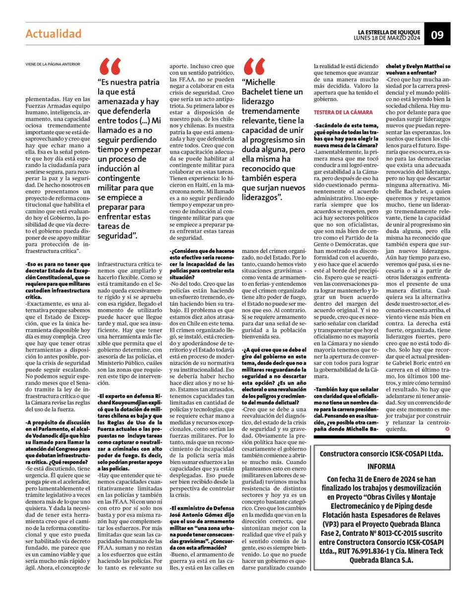 Comparto entrevista con redes regionales El Mercurio: 'Con un sentido patriótico, las FF.AA no se pueden negar a colaborar en esta crisis de seguridad. Hago un llamado a comenzar un proceso de inducción y capacitación de contingente militar para colaborar en tareas de seguridad'.