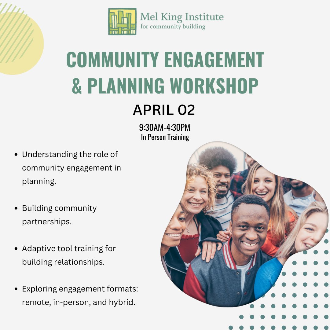 #MKI Community Engagement & Planning Workshop! Join us for an insightful journey into the heart of community collaboration, where we'll navigate the latest in engagement principles and practices together. Register now - ow.ly/cuuQ50QVH6O #CommunityEngagement
