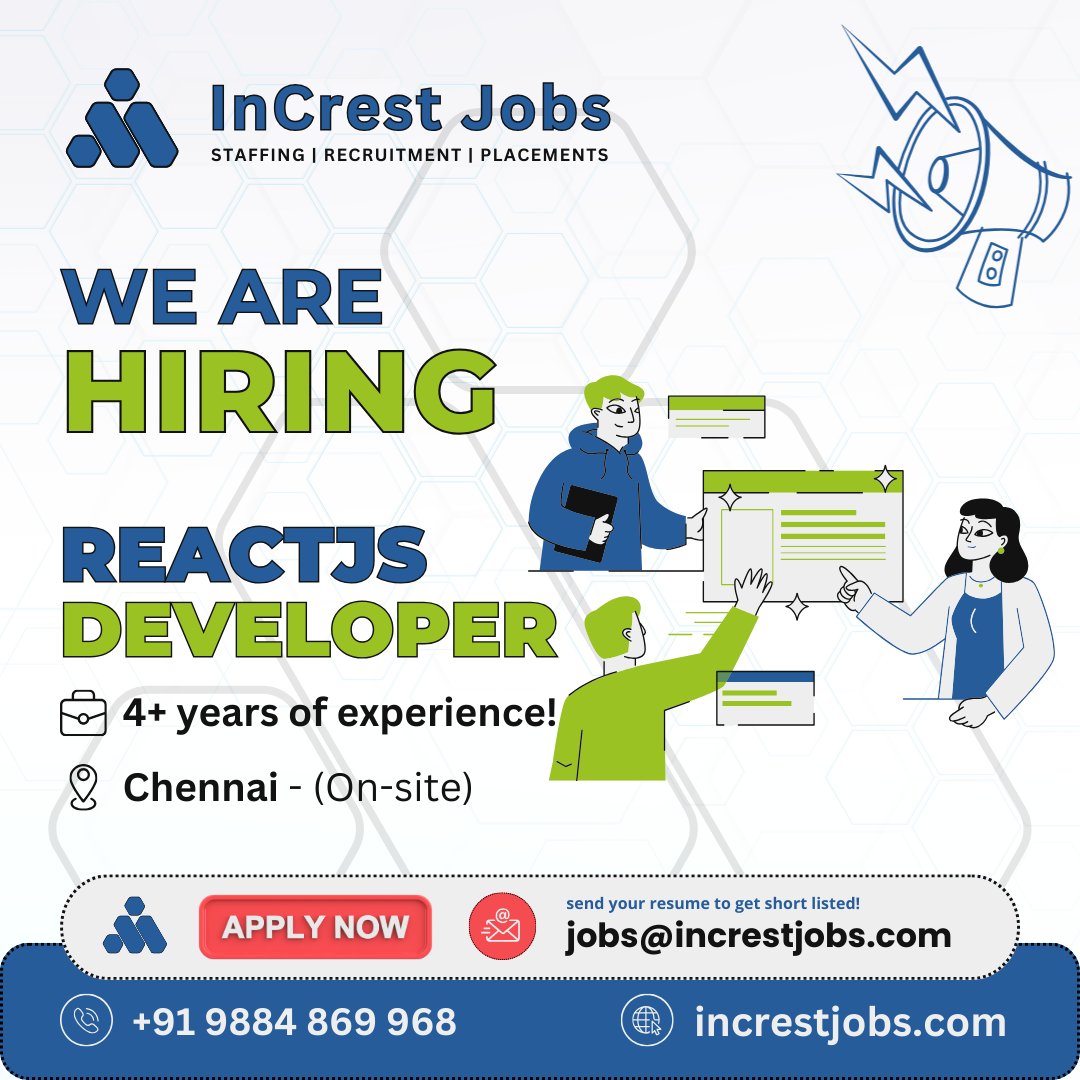 We are hiring a ReactJS Developer to craft dynamic and responsive user interfaces, shaping the future of our web projects. send your resume to jobs@increstjobs.com #InCresting #InCrestJobs #ReactJSDeveloper #TechTalent #DeveloperJobs #HiringNow #ApplyToday