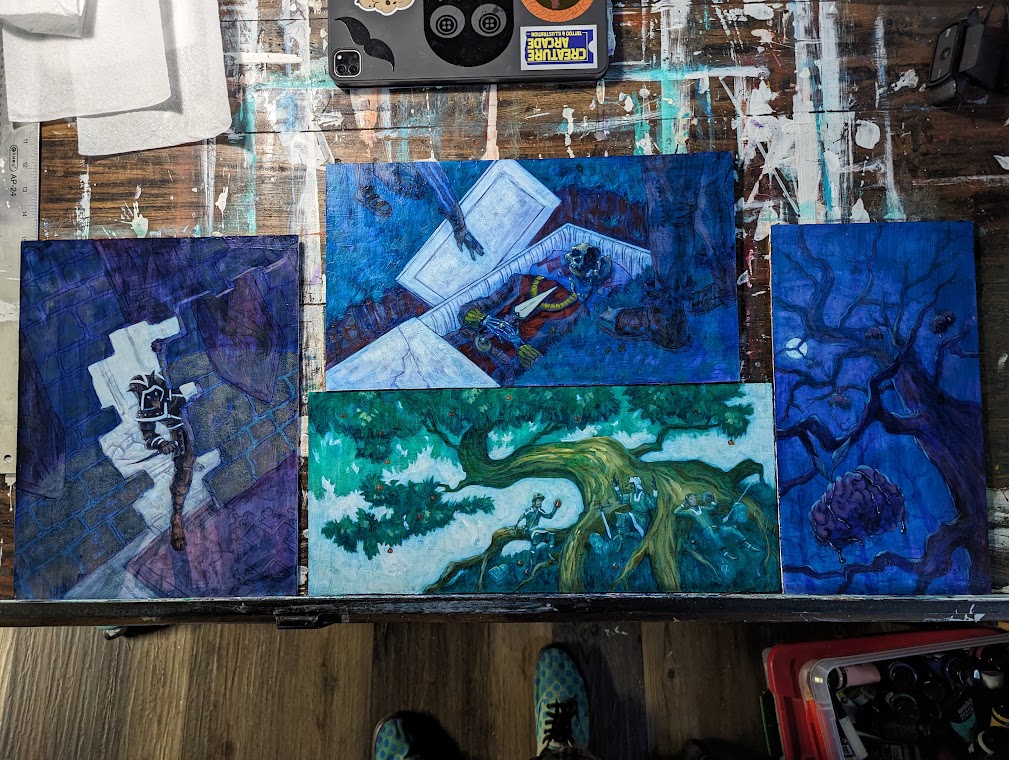 Aaaaaaand here are all of my Dolmenwood paintings together. Pretty freaking proud of them honestly.