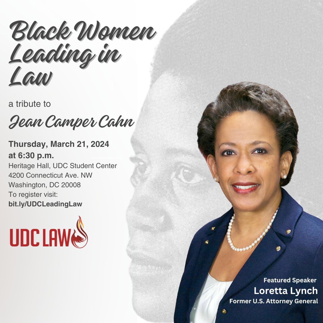 Join us this Thursday for an enriching experience at Black Women Leading in Law, paying homage to the legacy of Jean Camper Cahn, co-founder of UDC Law's predecessor school and the first Black woman to establish a law school. #UDCLaw Register Now: law.udc.edu/black-women-le…