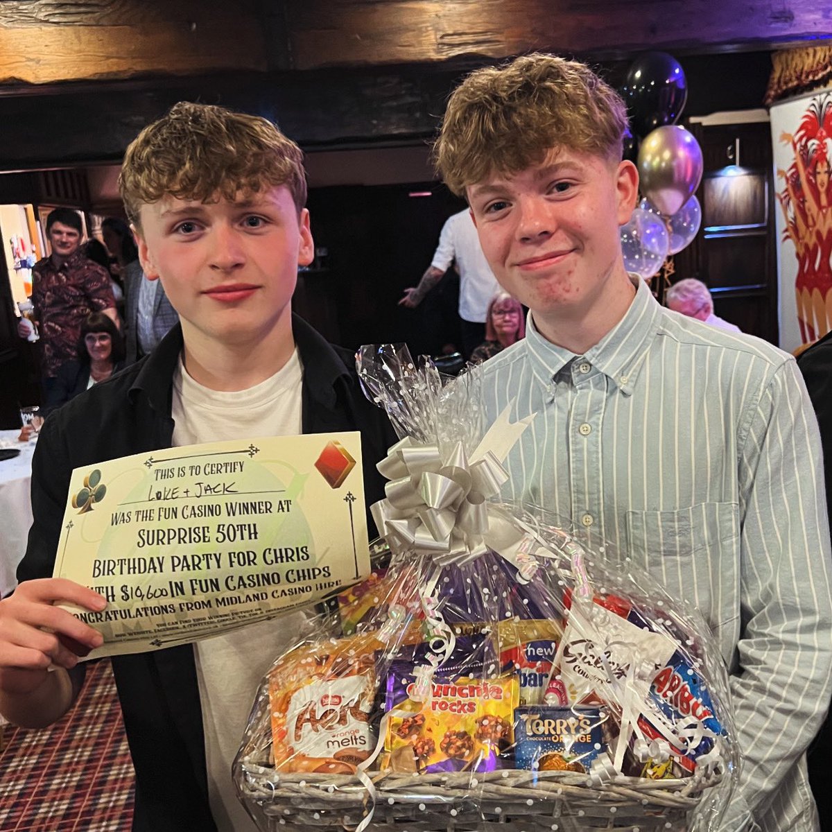 🎉 Luke & Jack won the fun Casino at Chris’s Surprise 50th Birthday! 🎲 With a whopping 10,600 fun casino chips! Huge shoutout to @RedLionHotel1 for hosting such an epic night! #surprise #50thbirthdayparty #birthday #Events #FunCasinos #Atherstone #Warwickshire #Midlands
