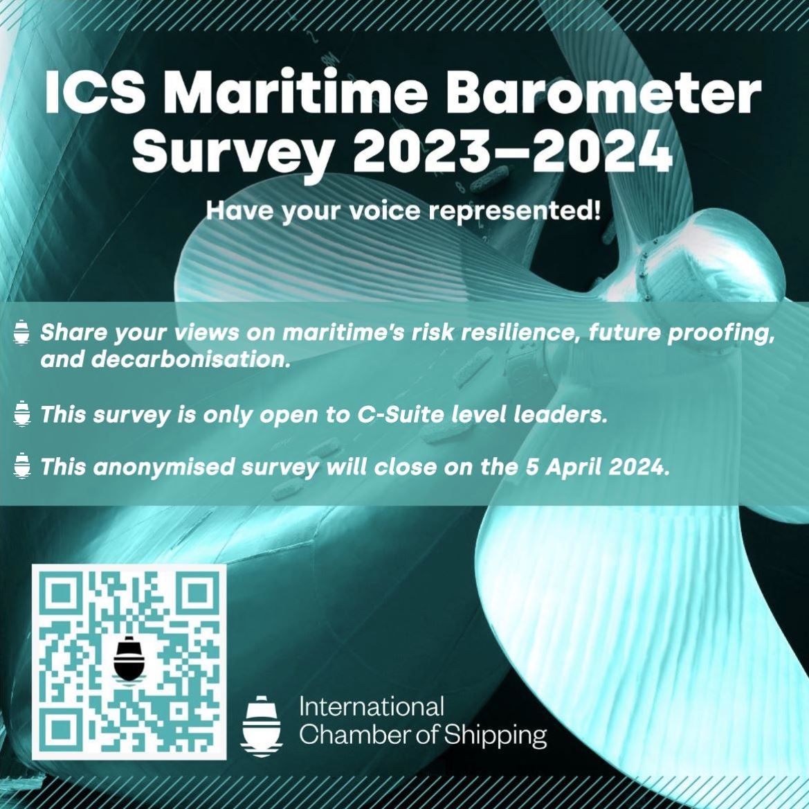 CALLING ALL LEADERS IN MARITIME!

The ICS Barometer 2023/24 Survey is out now &amp; the industry relies on your response to gain insights into existing &amp; emerging issues.
If you are a leader in maritime, fill out the survey &amp; have your voice heard!
surveymonkey.com/r/JCWF3G2