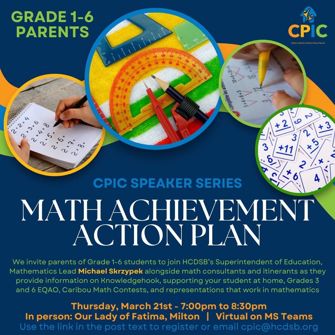 Halton CPIC (@haltoncpic) on Twitter photo CPIC is proud to present Part 2 of our our next Speaker Series:
🧮 MATH ACHIEVEMENT ACTION PLAN🧮
Please join us Thu Mar 21 @ 7pm on Teams to learn more about Math programs for Grade 1-6 students.
Reg links were emailed; if you are missing yours, email cpic<a href="/hcdsb/">Halton Catholic DSB</a>.org.
@hcdsb CPIC is proud to present Part 2 of our our next Speaker Series:
🧮 MATH ACHIEVEMENT ACTION PLAN🧮
Please join us Thu Mar 21 @ 7pm on Teams to learn more about Math programs for Grade 1-6 students.
Reg links were emailed; if you are missing yours, email cpic<a href="/hcdsb/">Halton Catholic DSB</a>.org.
@hcdsb