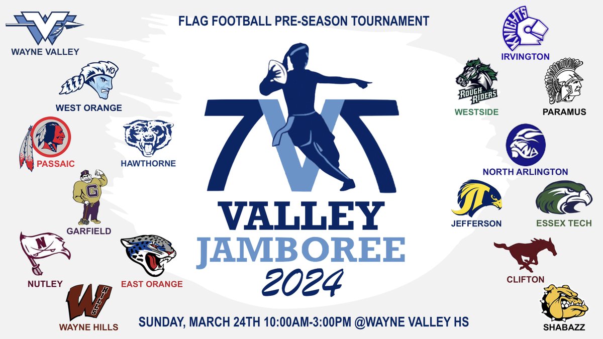 Wayne Valley Flag Football (@wvgirlsflagfb) on Twitter photo The VALLEY JAMBOREE flag tourney is less than a week away! 16 schools have entered the event. Check it out this Sunday, March 24th 10:00am-2:00pm round robin play, followed by championship final at 2:15pm. <a href="/wvalleyathletic/">Wayne Valley Indians</a> @WVFootballHS <a href="/VarsityAces/">Varsity Aces</a> <a href="/JSZ_Sports/">Jersey Sports Zone</a> <a href="/SFCFootballNJ/">The SFC</a> The VALLEY JAMBOREE flag tourney is less than a week away! 16 schools have entered the event. Check it out this Sunday, March 24th 10:00am-2:00pm round robin play, followed by championship final at 2:15pm. <a href="/wvalleyathletic/">Wayne Valley Indians</a> @WVFootballHS <a href="/VarsityAces/">Varsity Aces</a> <a href="/JSZ_Sports/">Jersey Sports Zone</a> <a href="/SFCFootballNJ/">The SFC</a>