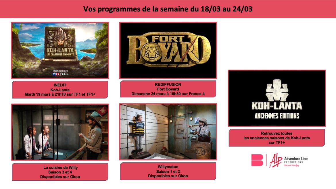 📅Cette semaine : 
📿#KohLanta présentée par @DenisBrogniart sur @TF1 et @tf1plus 
📿#KohLanta sur @tf1plus 
🗝️#FortBoyard sur France 4
🤢#lacuisinedewilly et #willymaton sur le site de @FranceTV