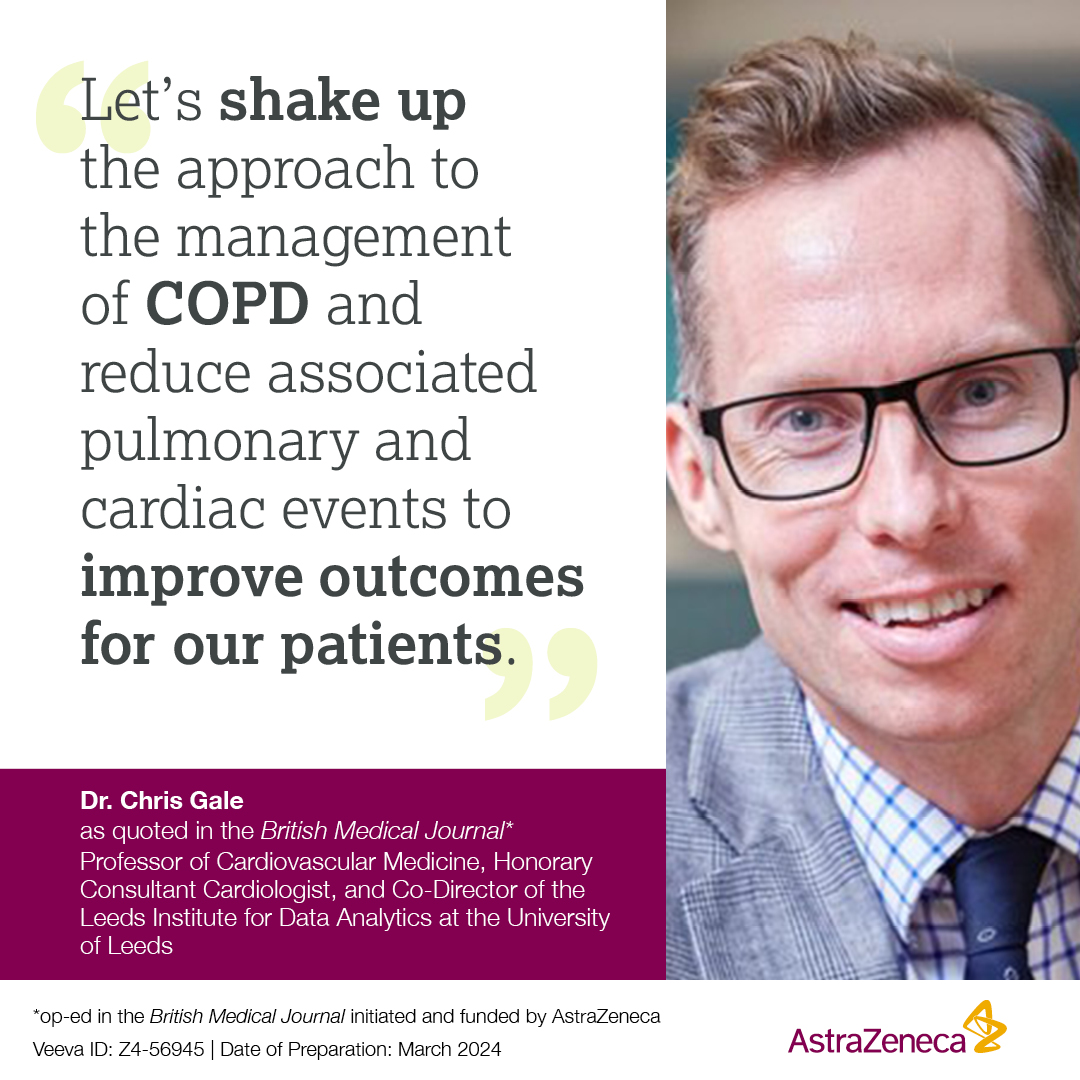 People with COPD face increased risk of lung and heart events. This cardiopulmonary risk is elevated after a COPD exacerbation and can last for up to a year. Profs. Chris Gale and Frederik Trinkmann explore how proactive COPD care could address this: learn.az/6013kkOAc