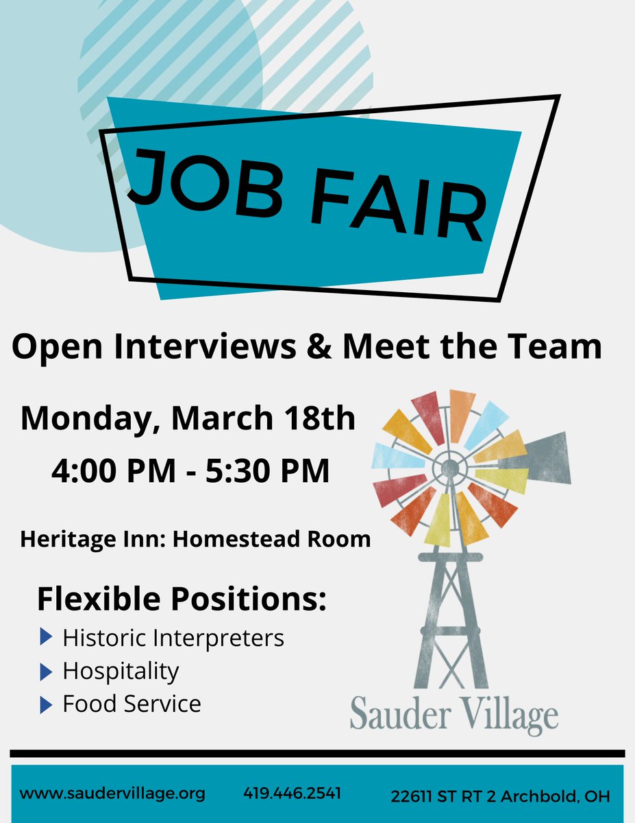 Looking for a new job?   Sauder Village has  many openings throughout our complex.  Flexible positions, great team atmosphere, and more.  Stop by our Job Fair this afternoon 4:00 - 5:30 at the Sauder Heritage Inn. #ohiomeansjobs #saudervillage #employment