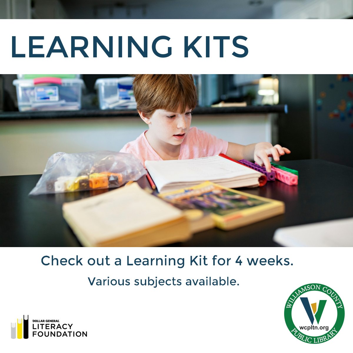 We are excited to now offer Learning Kits. Our goal is to provide families with resources they can use to enhance their children’s education, whether homeschool, public, or private. Made possible by a grant received from Dollar General Literacy Foundation.
