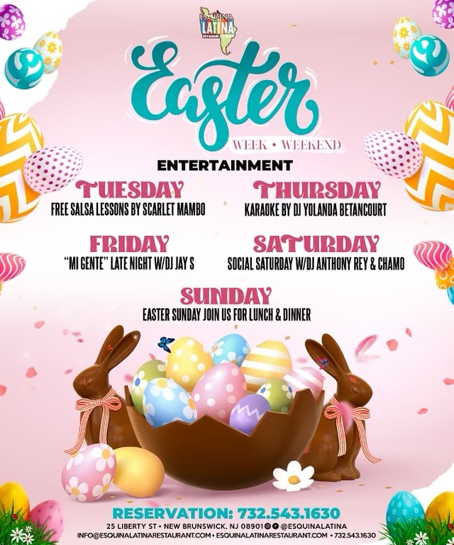 NBCityCenter's tweet photo. Easter week/weekend specials at Esquina Latina! 🐰

Make sure to book your reservations in advance. 

#NBcitycenter #newbrunswicknj #middlesexcountynj #eatlocalnj #easter #easterbrunch https://t.co/nSKAtp0Pca