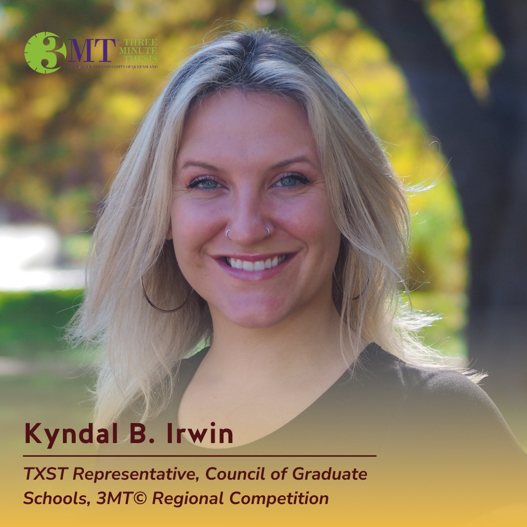 Kyndal B. Irwin, a Ph.D. student in Aquatic Resources and Integrative Biology, did an amazing job representing TXST against over 60 graduate students from around the U.S. @CGSGradEd 3MT© regional competition @3MT_official. Congratulations, Kyndal!