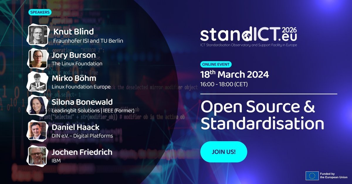 🎥LIVE NOW! The @Stand_ICT Open Source & Standardisation Webinar has started 🚀Learn from our experts as they examine the impact of #standards on the evolving #opensource community 📌Follow along: tinyurl.com/3mju5cnj